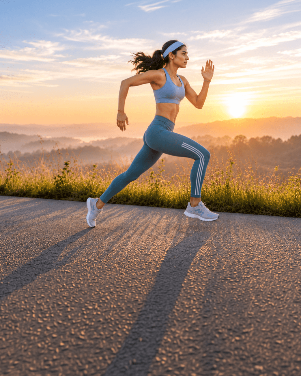 A woman running at golden hour after orthopaedic recovery