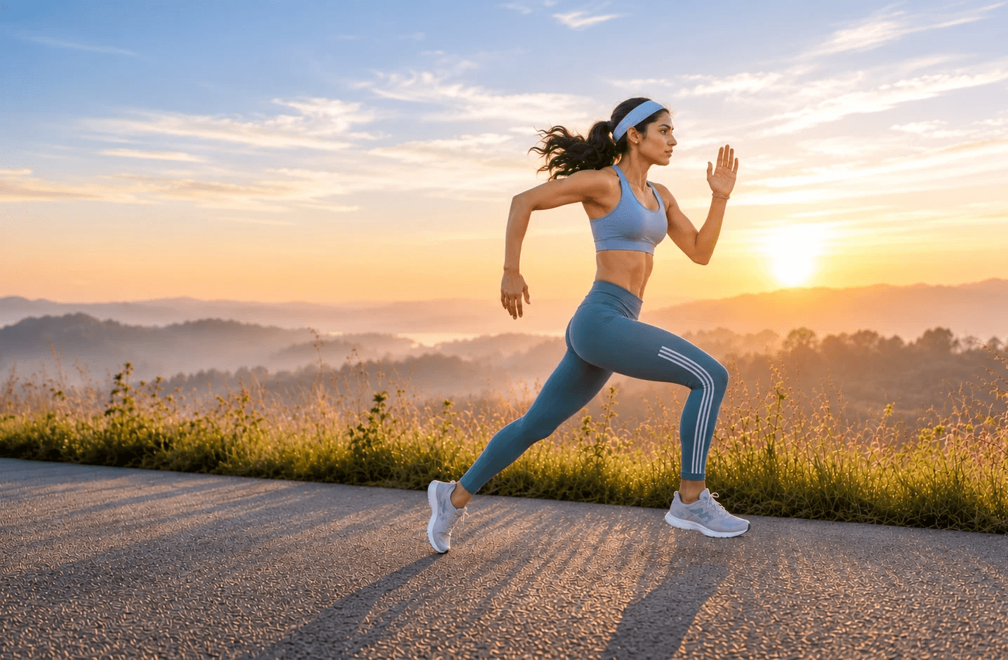 A woman running at golden hour after orthopaedic recovery
