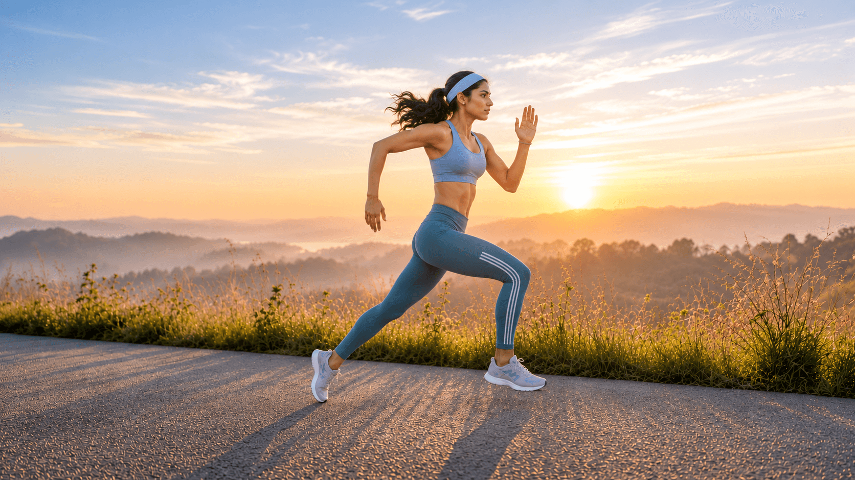 A woman running at golden hour after orthopaedic recovery